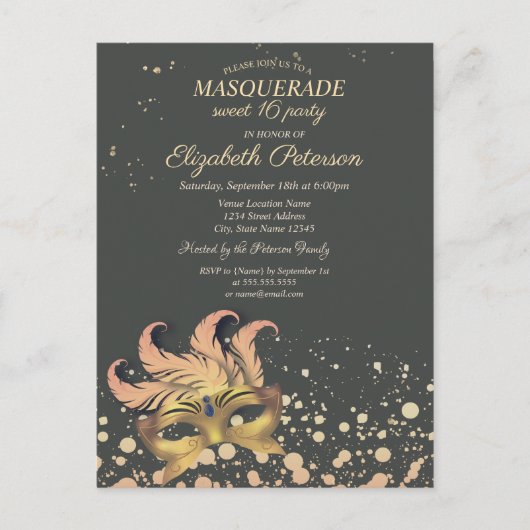 Chic Masquerade, Stippen, Masque Sweet 16 Uitnodiging Briefkaart (Voorkant)