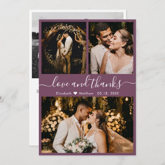 Chic Mauve Elegant Script 3 Photo Collage Wedding Bedankkaart (Voorkant / Achterkant)