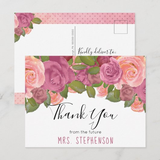 Chic Mauve Floral Waterverf Bruid Dank u Briefkaart (Voorkant / Achterkant)