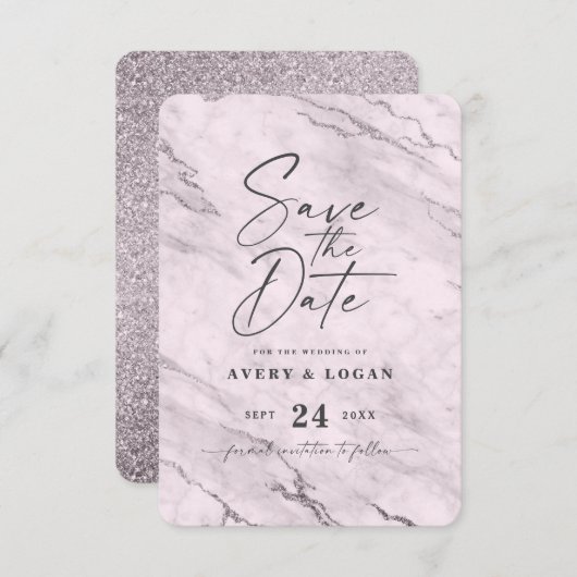 Chic Mauve Pink Marble met Paarse Folie Details Save The Date (Voorkant / Achterkant)