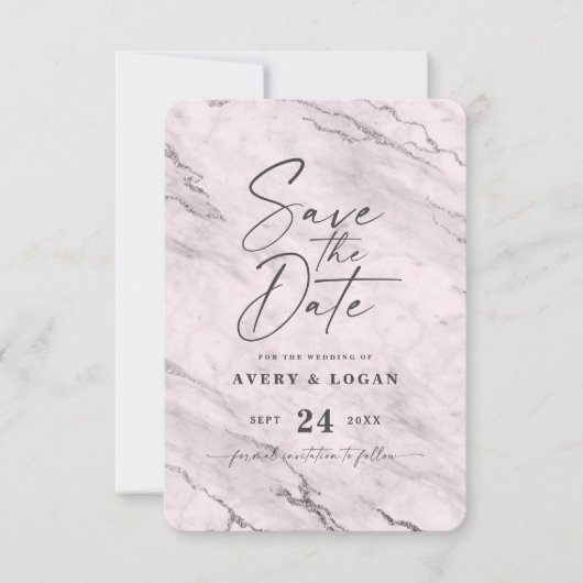 Chic Mauve Pink Marble met Paarse Folie Details Save The Date (Voorkant)