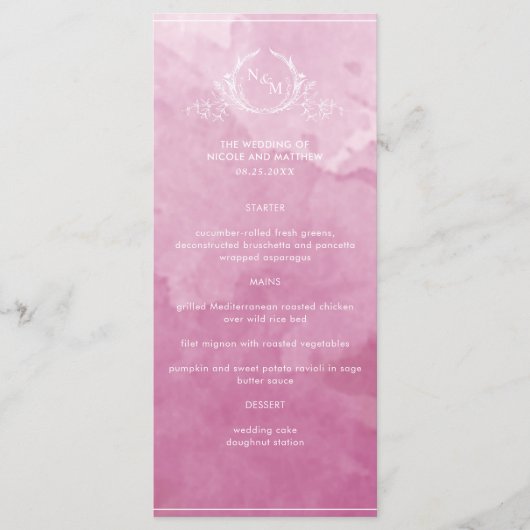 Chic Mauve Pink Waterverf, Monogram Weddenschap Me Menu (Voorkant)