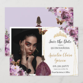 Chic Mauve Plum Paars Floral Quinceañera Foto Sa Save The Date