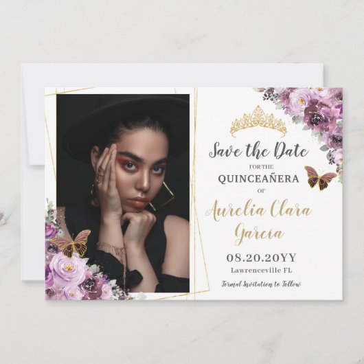 Chic Mauve Plum Paars Floral Quinceañera Foto Save The Date (Voorkant)
