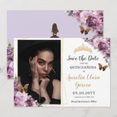 Chic Mauve Plum Paars Floral Quinceañera Foto Save The Date (Voorkant / Achterkant)