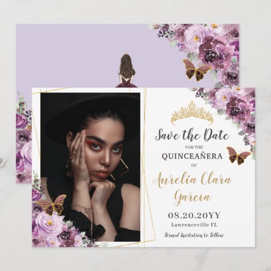 Chic Mauve Plum Paars Floral Quinceañera Foto Save The Date (Voorkant / Achterkant)