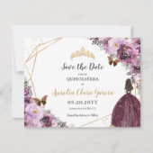 Chic Mauve Plum Paars Floral Tiara Quinceañera Save The Date (Voorkant)