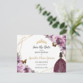 Chic Mauve Plum Paars Floral Tiara Quinceañera Save The Date (Staand voorkant)