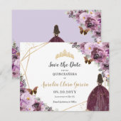 Chic Mauve Plum Paars Floral Tiara Quinceañera Save The Date (Voorkant / Achterkant)