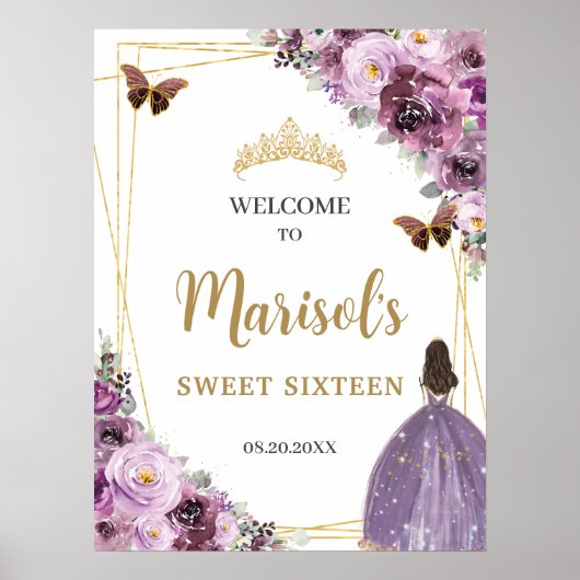 Chic Mauve Plum Paars Floral Tiara Sweet Sixteen Poster (Voorkant)