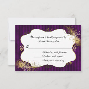 Chic Mave & Golden Peacock Feather Wedding RSVP Kaartje