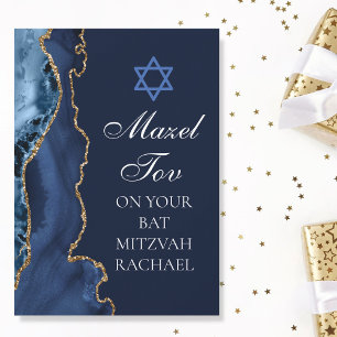 Chic Mazel Tov Navy Blue Gold Aangepaste Bat Mitzv Kaart