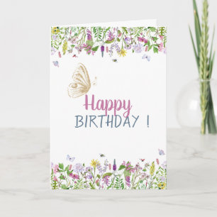 Chic Meadow Gold Glitter Butterflly Birthday Kaart