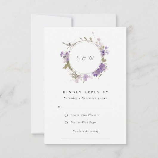 Chic Meadow Lila Bloemen Krans bruiloft RSVP Kaartje (Voorkant)