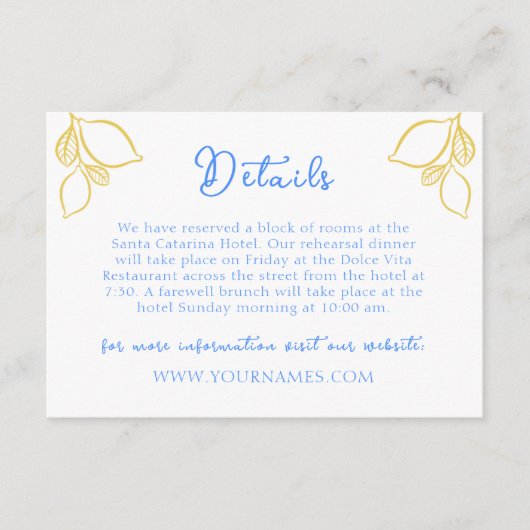 Chic Mediterraan Citroenblauw Tegel Italiaans Huwe Informatiekaartje (Voorkant)