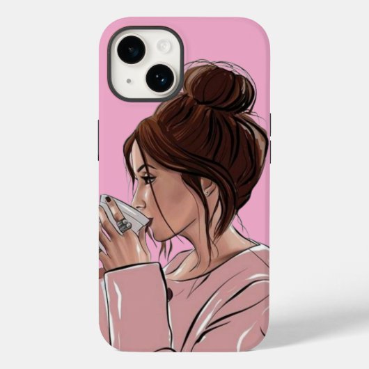 Chic Meisje met Rommelige Knot Drinkt Koffie Paste Case-Mate iPhone Case (Achterkant)