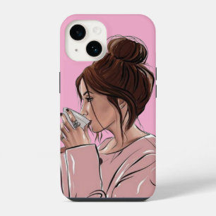 Chic Meisje met Rommelige Knot Drinkt Koffie Paste iPhone 14 Hoesje