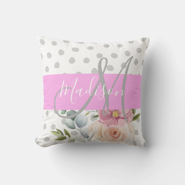 Chic & Meisjesachtig Bloem Wit Roze Grijs Monogram Kussen (Voorkant)