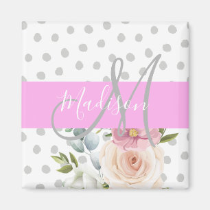 Chic & Meisjesachtig Bloem Wit Roze Grijs Monogram Magneet