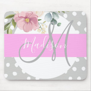 Chic & Meisjesachtig Bloem Wit Roze Grijs Monogram Muismat