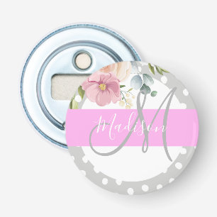 Chic & Meisjesachtig Bloemmotief Wit Roze Grijs Mo Button Flesopener