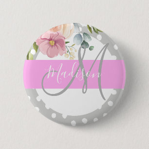 Chic & Meisjesachtig Bloemmotief Wit Roze Grijs Mo Ronde Button 5,7 Cm