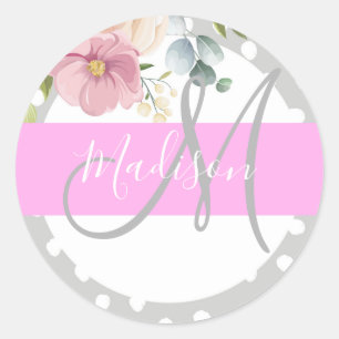 Chic & Meisjesachtig Bloemmotief Wit Roze Grijs Mo Ronde Sticker
