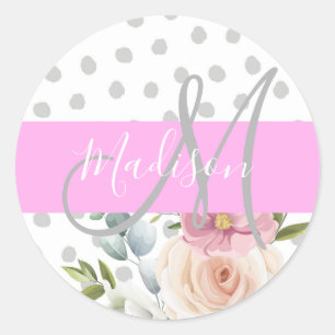 Chic & Meisjesachtig Bloemmotief Wit Roze Grijs Mo Ronde Sticker