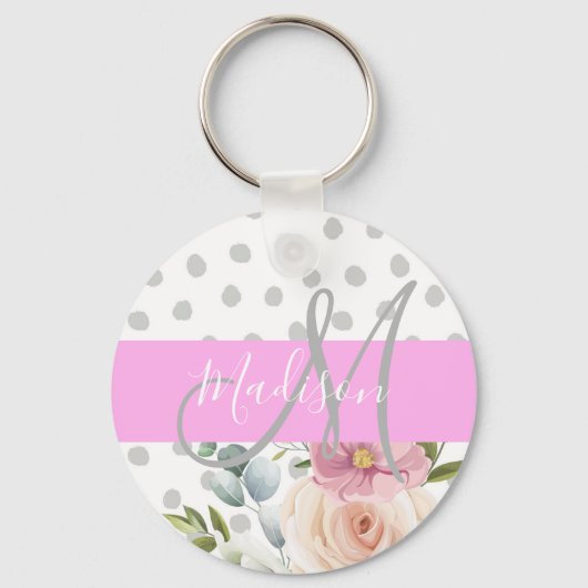 Chic & Meisjesachtig Bloemmotief Wit Roze Grijs Mo Sleutelhanger (Voorkant)