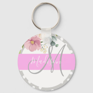 Chic & Meisjesachtig Bloemmotief Wit Roze Grijs Mo Sleutelhanger