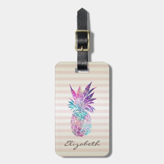 Chic Meisjesachtige Ananas ,Strepen - Gepersonalis Bagagelabel (Voorkant verticaal)