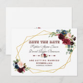 ChIc Merlot Navy Blauw Bloemen Goud Lijst Save The Date (Voorkant / Achterkant)