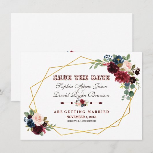 ChIc Merlot Navy Blauw Bloemen Goud Lijst Save The Date (Voorkant / Achterkant)