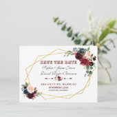 ChIc Merlot Navy Blauw Bloemen Goud Lijst Save The Date (Staand voorkant)