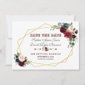 ChIc Merlot Navy Blauw Bloemen Goud Lijst Save The Date (Voorkant)