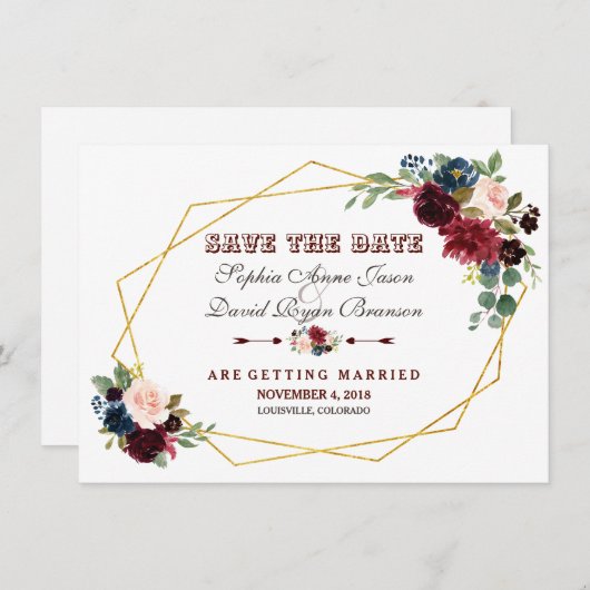 ChIc Merlot Navy Blauwe Bloem Gouden Frame Save The Date (Voorkant / Achterkant)