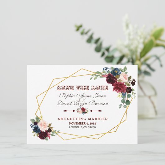 ChIc Merlot Navy Blauwe Bloem Gouden Frame Save The Date (Staand voorkant)