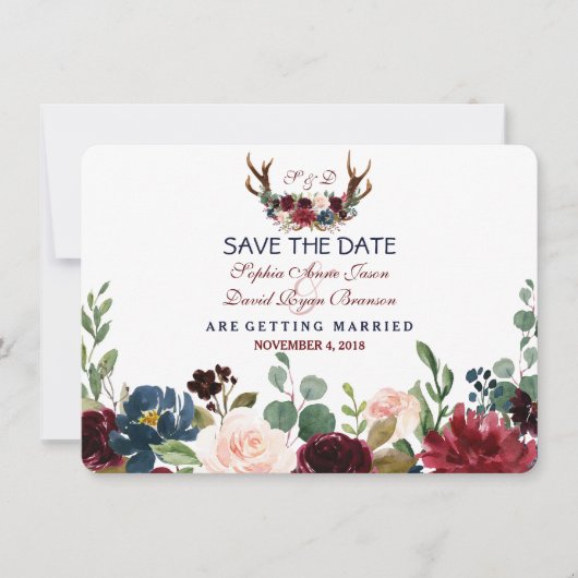 Chic Merlot Navy Blue Floral Antlers sparen de dat Save The Date (Voorkant)