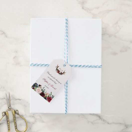 Chic Merlot Navy Blue Floral Antlers Weddenschap Cadeaulabel (Met Touw)