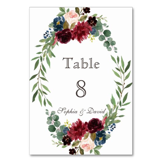 Chic Merlot Navy Blue Floral Table Number Kaart (Voorkant)