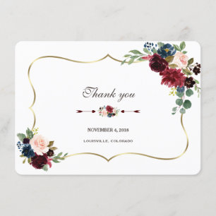 Chic Merlot Navy Blue Floral Wedding Bedankt Kaart