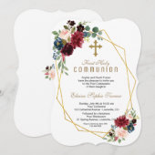 Chic Merlot Navy Floral Gold Lijst Heilige Communi Kaart (Voorkant / Achterkant)