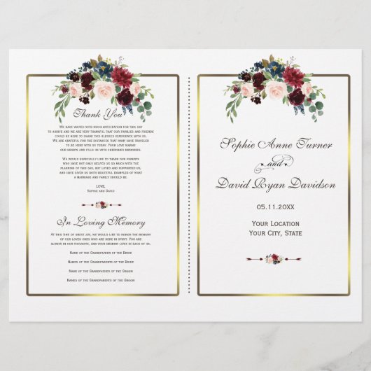 Chic Merlot Navy Floral Gold Lijst Wedding Program (Voorkant)
