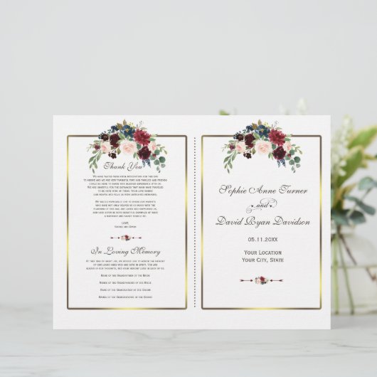 Chic Merlot Navy Floral Gold Lijst Wedding Program (Staand voorkant)