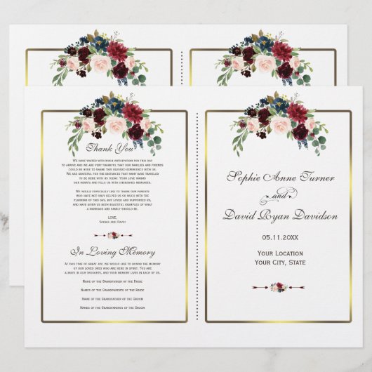 Chic Merlot Navy Floral Gold Lijst Wedding Program (Voorkant / Achterkant)
