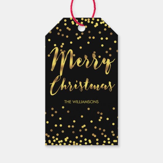 Chic Merry Christmas Gold Foil Confetti Zwart Cadeaulabel (Voorkant)