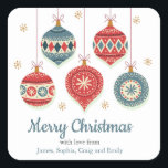 Chic Merry Christmas Ornamenten gepersonaliseerd Vierkante Sticker<br><div class="desc">Dit stijlvolle feestdagen ontwerp heeft feestelijke kerstversieringen in rood en blauw omgeven door vallende gouden sneeuwvlokken. "Merry Christmas" is geschreven in een chic blauw kalligrafiescript met uw namen hieronder. #christmas #feestdagen #seasonal #festive #ornamenten #decorations #baubles #snow #snowflakes #winter #red #blue #white #chic # #elegant #stylish #waterverf sticker #stationery #merry #festive...</div>