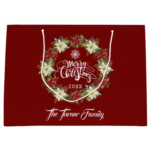 Chic Merry Christmas Poinsettia Monogram Groot Cadeauzakje (Voorkant)