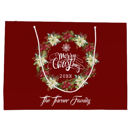 Chic Merry Christmas Poinsettia Monogram Groot Cadeauzakje (Achterkant)