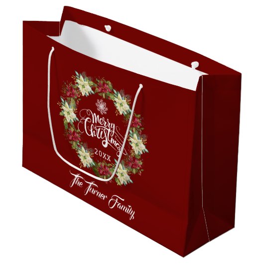 Chic Merry Christmas Poinsettia Monogram Groot Cadeauzakje (Voorkant Gekanteld)
